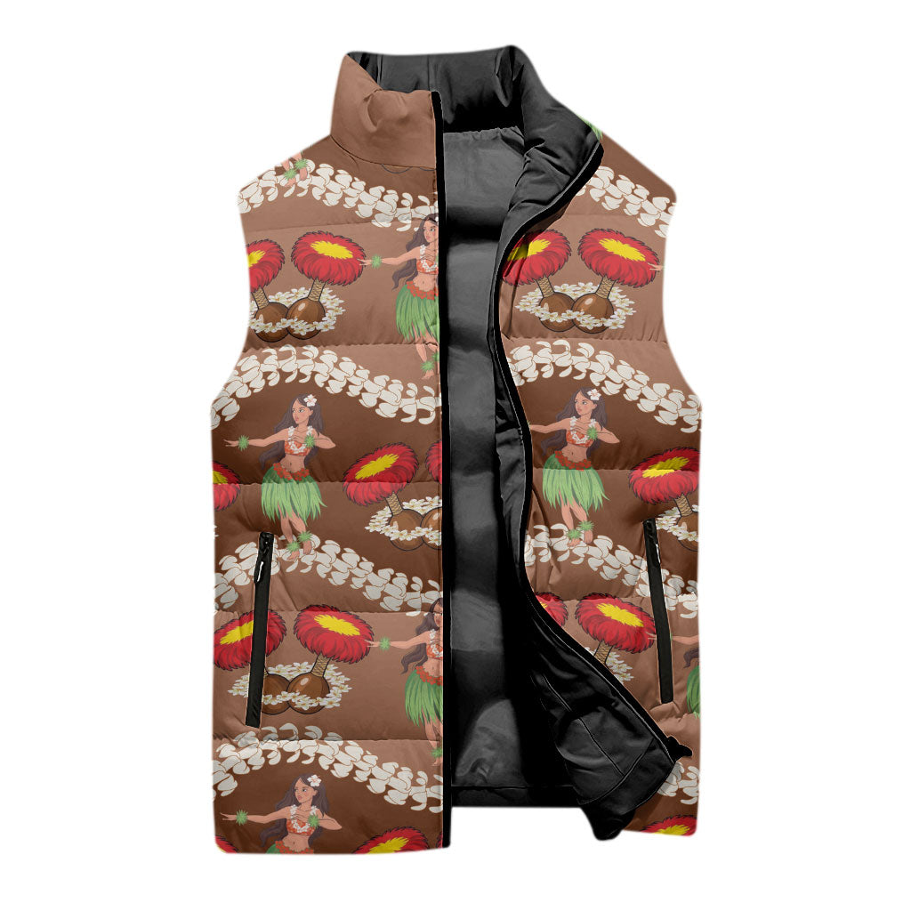 Uliuli Hawaii Makahiki Sleeveless Puffer Jacket Hawaiian Puakenikeni Lei Hula Girl Brown Version LT14 - Polynesian Pride