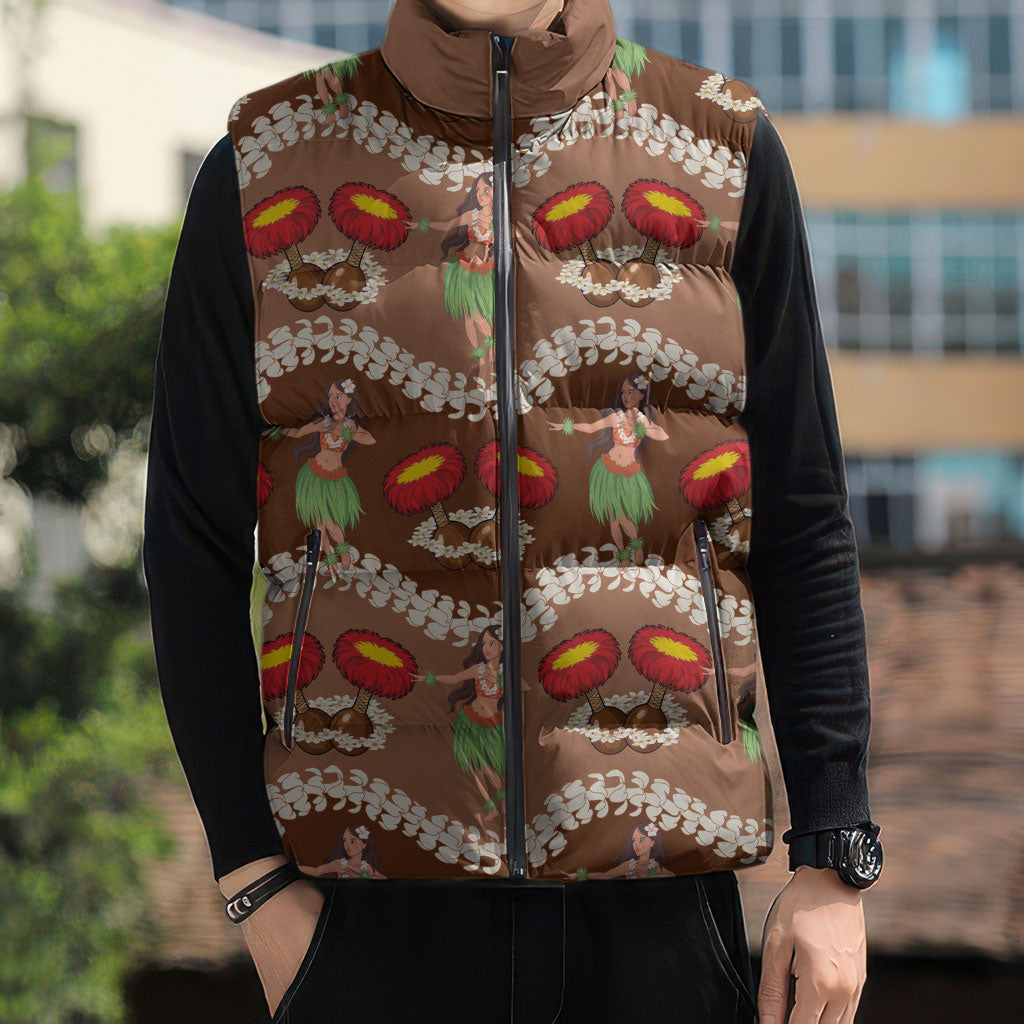 Uliuli Hawaii Makahiki Sleeveless Puffer Jacket Hawaiian Puakenikeni Lei Hula Girl Brown Version LT14 - Polynesian Pride