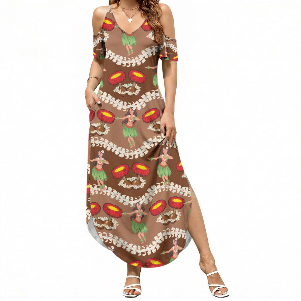 Uliuli Hawaii Makahiki Summer Maxi Dress Hawaiian Puakenikeni Lei Hula Girl Brown Version LT14 Women Brown - Polynesian Pride