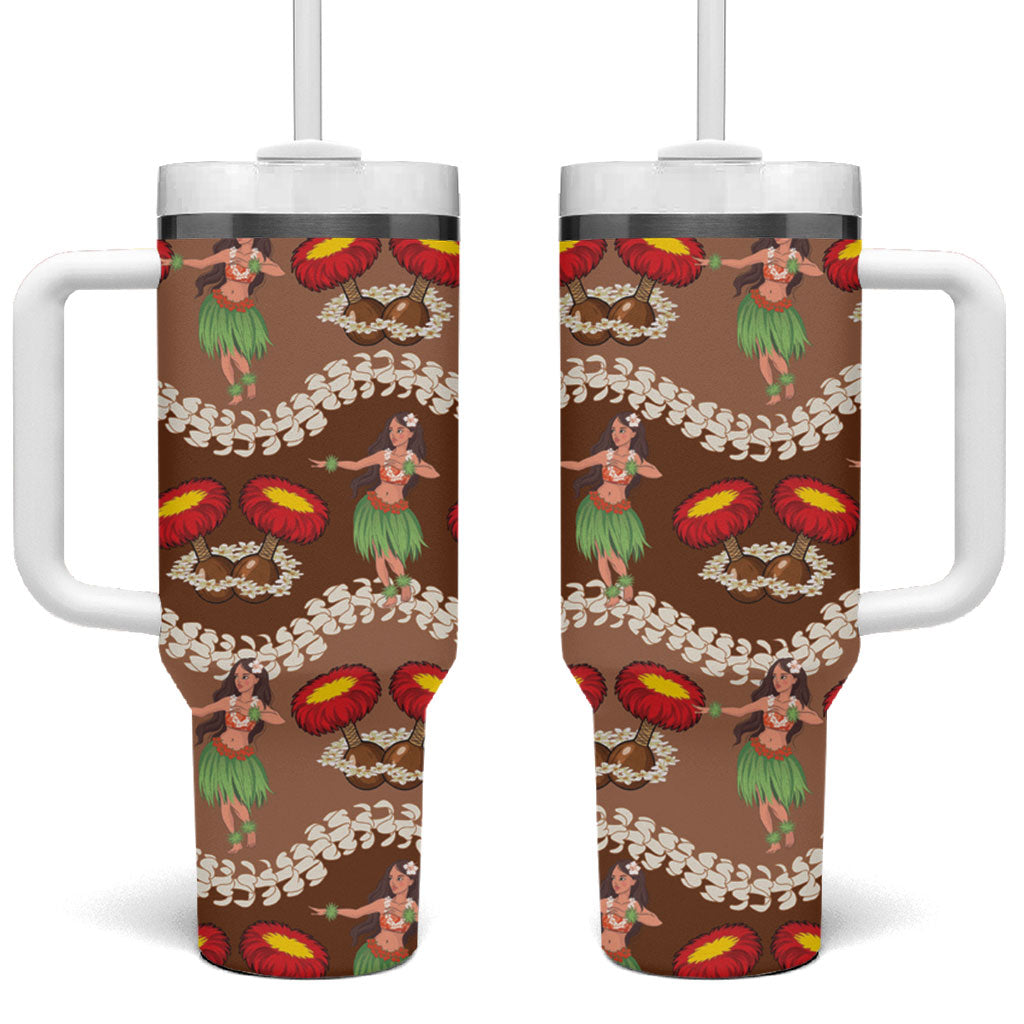 Uliuli Hawaii Makahiki Tumbler With Handle Hawaiian Puakenikeni Lei Hula Girl Brown Version
