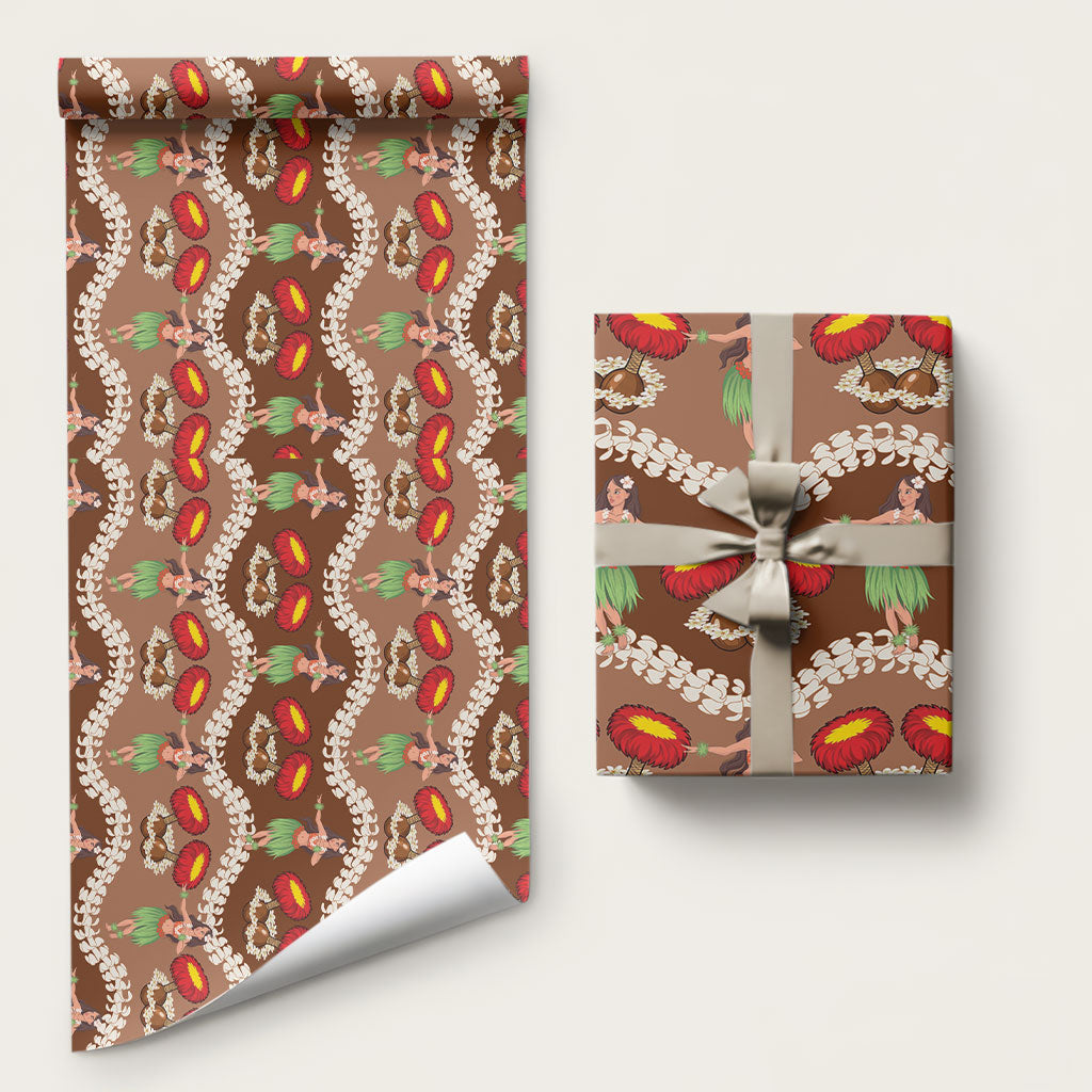 Uliuli Hawaii Makahiki Wrapping Paper Hawaiian Puakenikeni Lei Hula Girl Brown Version LT14 58" × 23" Brown - Polynesian Pride