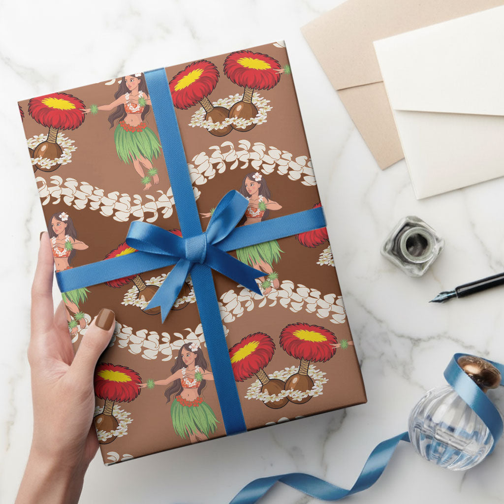 Uliuli Hawaii Makahiki Wrapping Paper Hawaiian Puakenikeni Lei Hula Girl Brown Version LT14 - Polynesian Pride