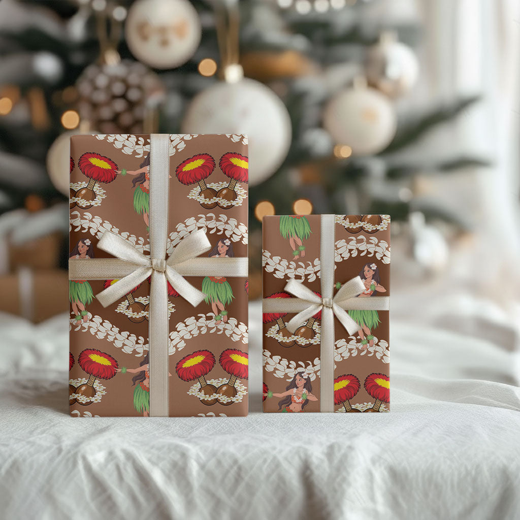 Uliuli Hawaii Makahiki Wrapping Paper Hawaiian Puakenikeni Lei Hula Girl Brown Version LT14 - Polynesian Pride