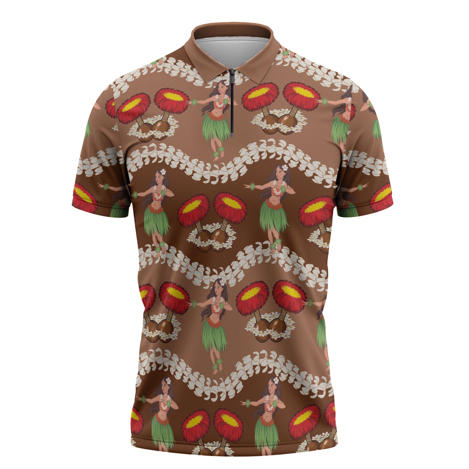 Uliuli Hawaii Makahiki Zipper Polo Shirt Hawaiian Puakenikeni Lei Hula Girl Brown Version
