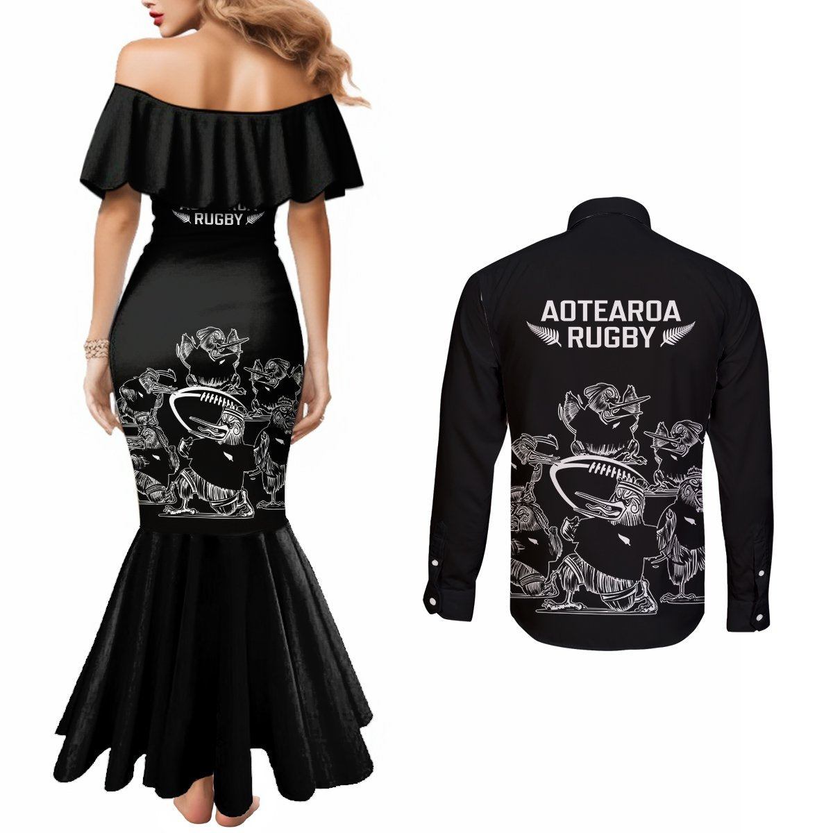 New Zealand Silver Fern Rugby Couples Matching Mermaid Dress and Long Sleeve Button Shirt Haka Aotearoa Kiwi Dance LT14 - Polynesian Pride