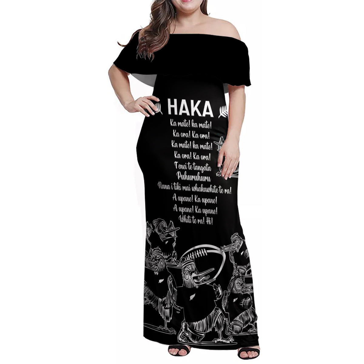 New Zealand Silver Fern Rugby Family Matching Off Shoulder Maxi Dress and Hawaiian Shirt Haka Aotearoa Kiwi Dance LT14 Mom's Dress Black - Polynesian Pride