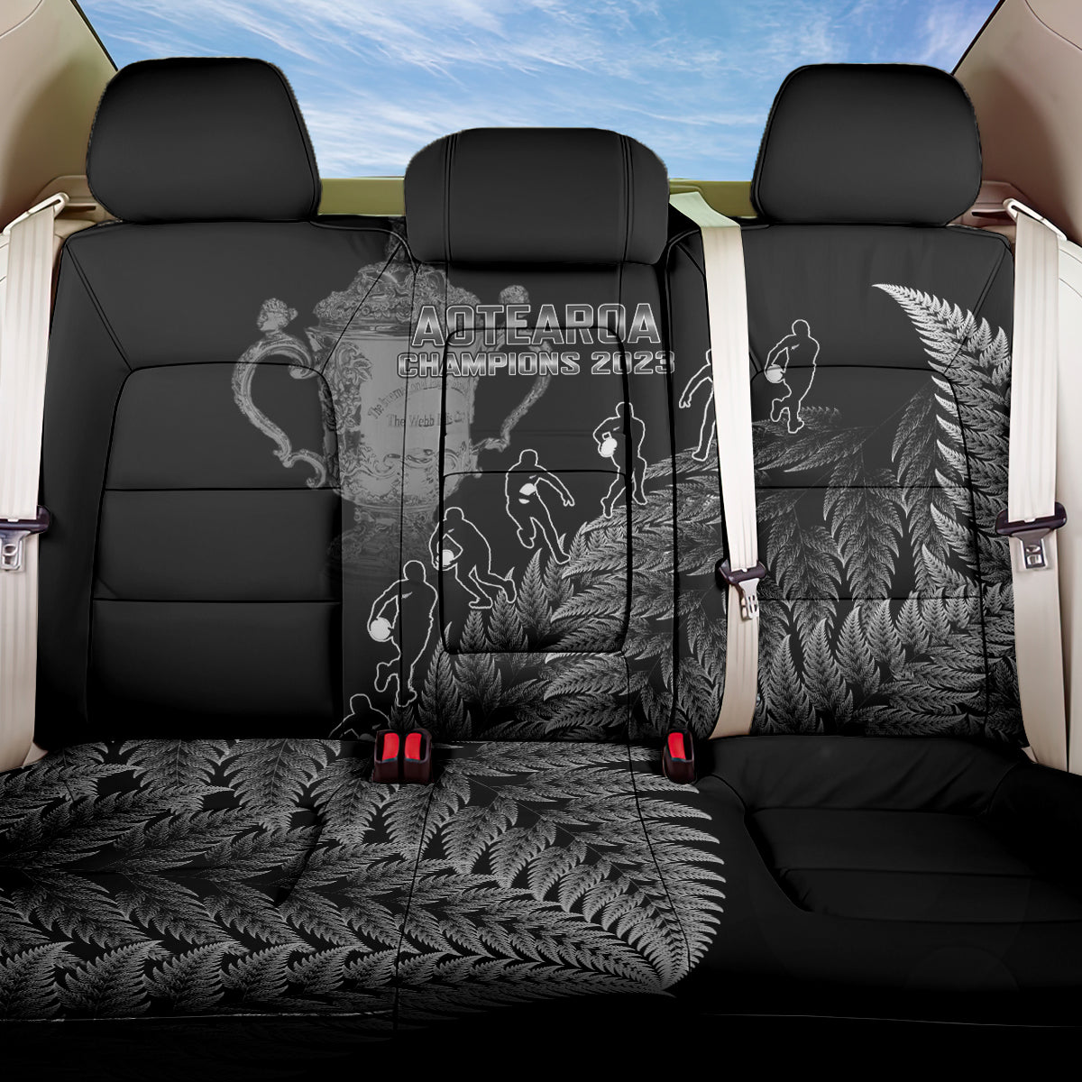 Custom New Zealand Silver Fern Rugby Back Car Seat Cover All Black Go Champions 2023 With Trophy Proud LT14 One Size Black - Polynesian Pride