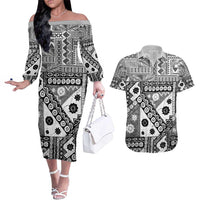 Black Bula Fiji Couples Matching Off The Shoulder Long Sleeve Dress and Hawaiian Shirt Unique Masi Tapa Pattern LT14 Black - Polynesian Pride