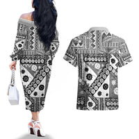 Black Bula Fiji Couples Matching Off The Shoulder Long Sleeve Dress and Hawaiian Shirt Unique Masi Tapa Pattern LT14 - Polynesian Pride