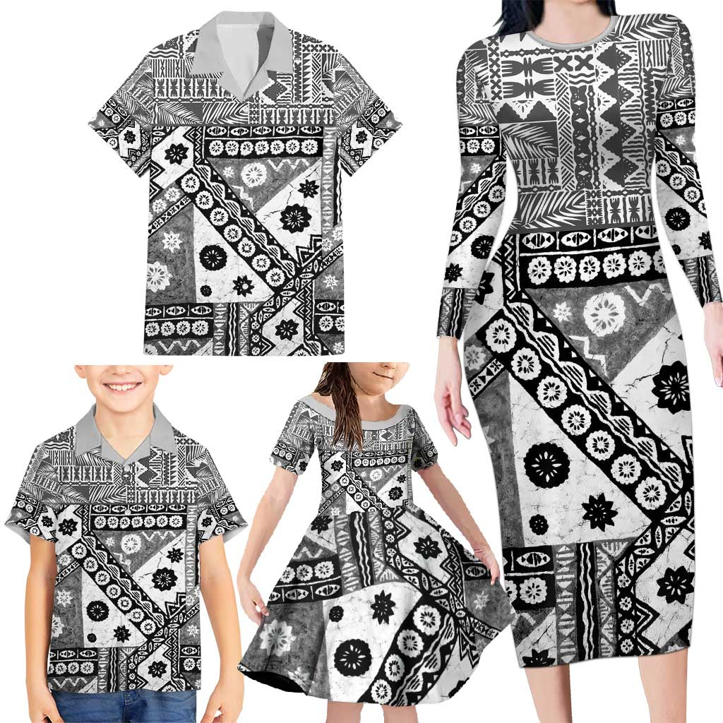 Black Bula Fiji Family Matching Long Sleeve Bodycon Dress and Hawaiian Shirt Unique Masi Tapa Pattern LT14 - Polynesian Pride