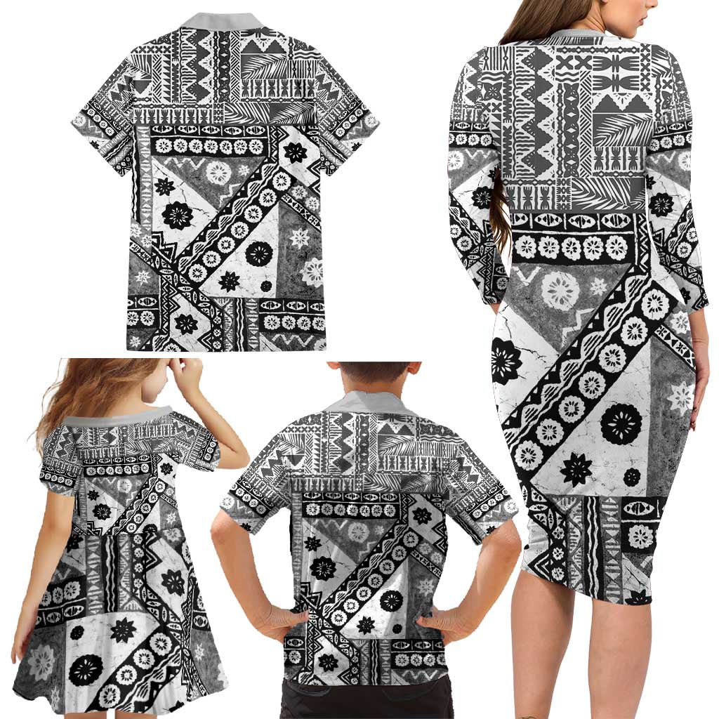 Black Bula Fiji Family Matching Long Sleeve Bodycon Dress and Hawaiian Shirt Unique Masi Tapa Pattern LT14 - Polynesian Pride