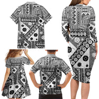 Black Bula Fiji Family Matching Long Sleeve Bodycon Dress and Hawaiian Shirt Unique Masi Tapa Pattern LT14 - Polynesian Pride