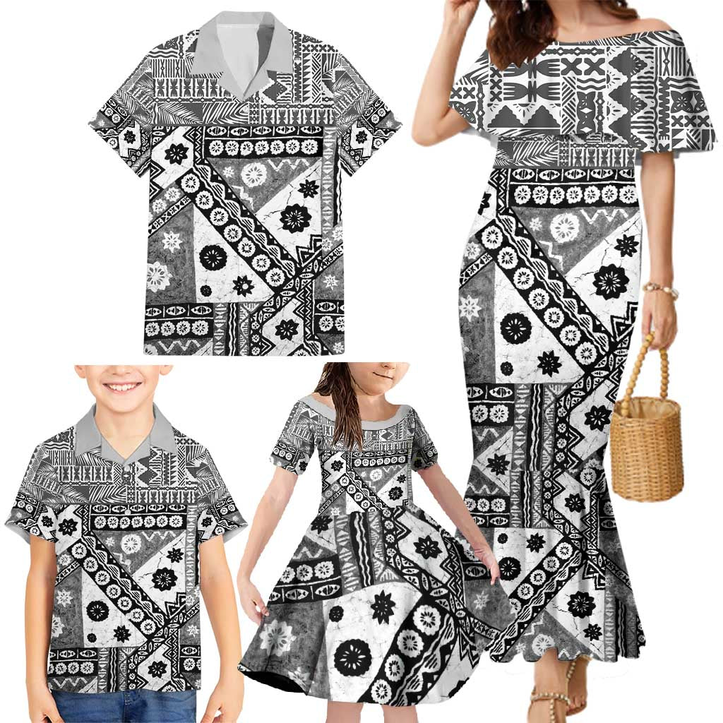 Black Bula Fiji Family Matching Mermaid Dress and Hawaiian Shirt Unique Masi Tapa Pattern LT14 - Polynesian Pride