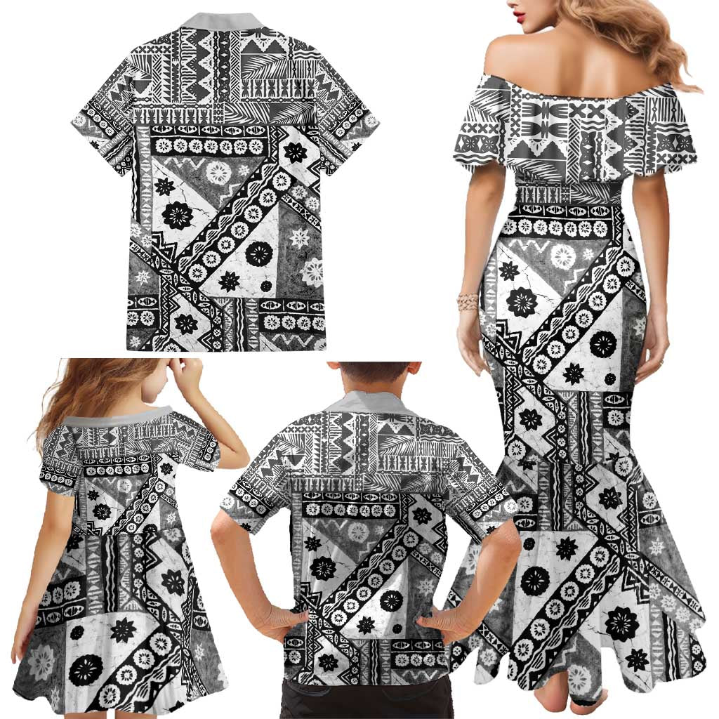 Black Bula Fiji Family Matching Mermaid Dress and Hawaiian Shirt Unique Masi Tapa Pattern LT14 - Polynesian Pride