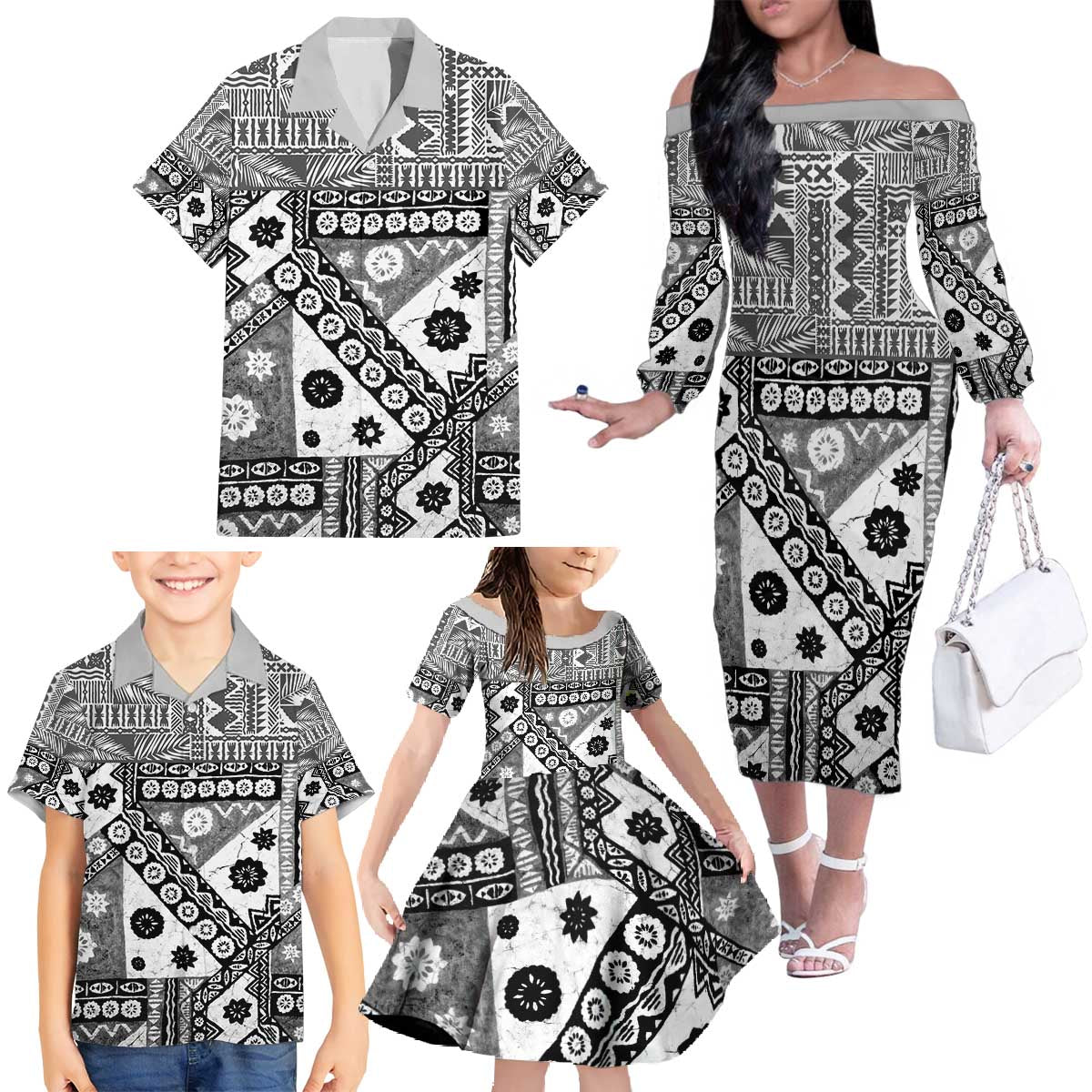 Black Bula Fiji Family Matching Off The Shoulder Long Sleeve Dress and Hawaiian Shirt Unique Masi Tapa Pattern LT14 - Polynesian Pride