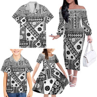 Black Bula Fiji Family Matching Off The Shoulder Long Sleeve Dress and Hawaiian Shirt Unique Masi Tapa Pattern LT14 - Polynesian Pride