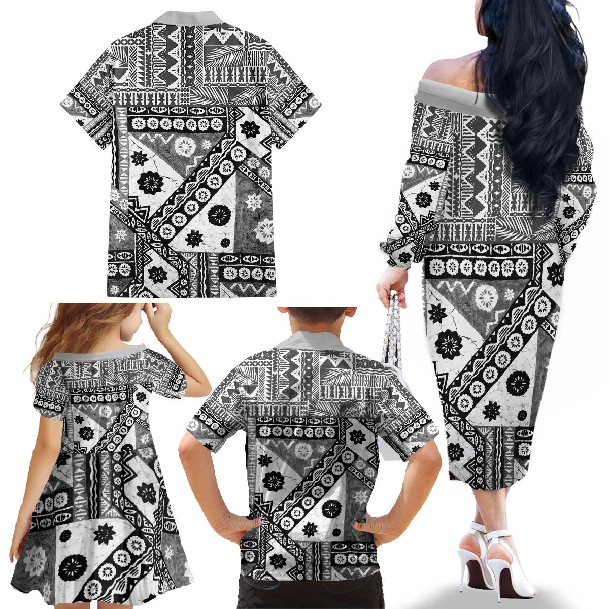 Black Bula Fiji Family Matching Off The Shoulder Long Sleeve Dress and Hawaiian Shirt Unique Masi Tapa Pattern LT14 - Polynesian Pride