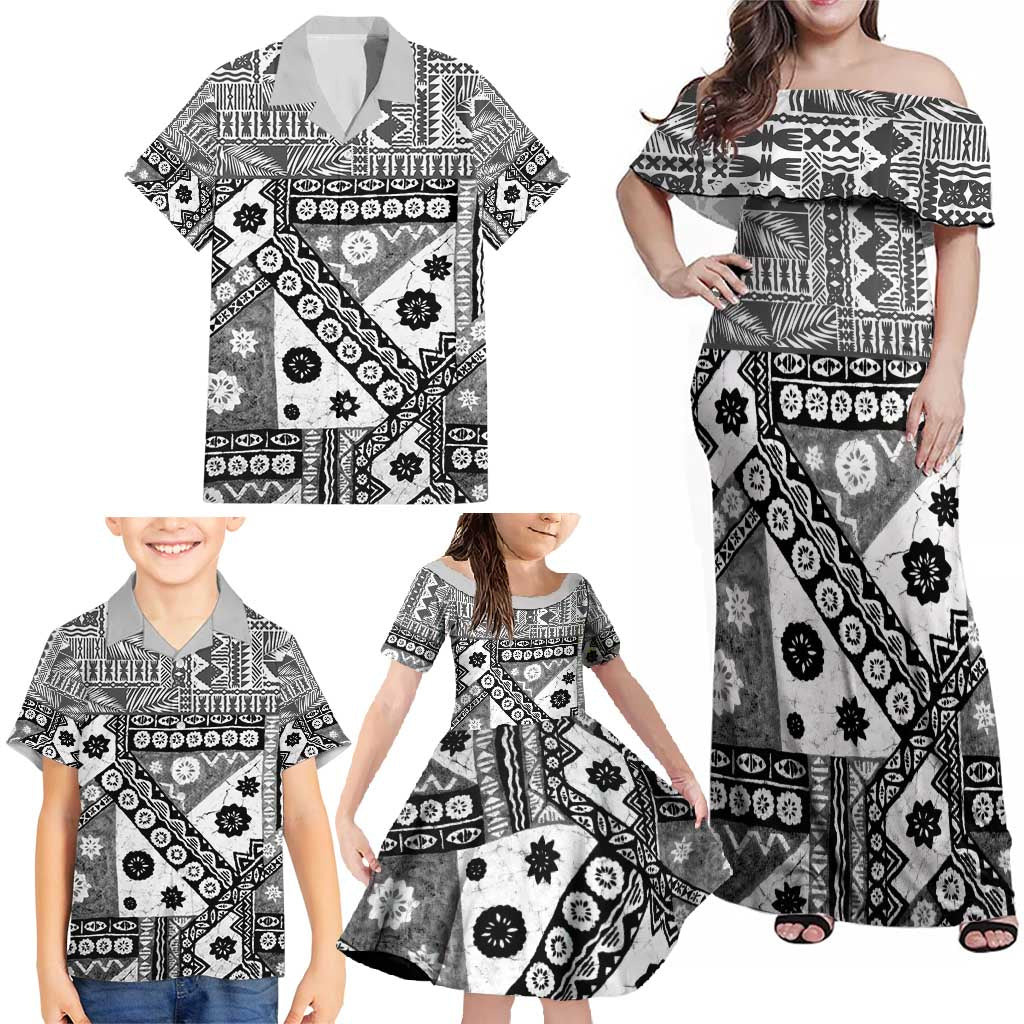 Black Bula Fiji Family Matching Off Shoulder Maxi Dress and Hawaiian Shirt Unique Masi Tapa Pattern LT14 - Polynesian Pride