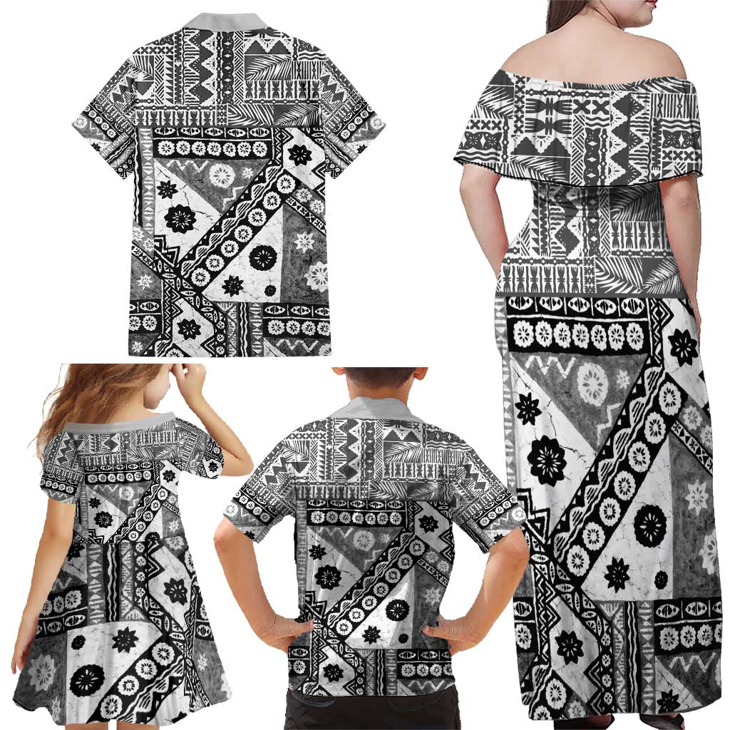 Black Bula Fiji Family Matching Off Shoulder Maxi Dress and Hawaiian Shirt Unique Masi Tapa Pattern LT14 - Polynesian Pride