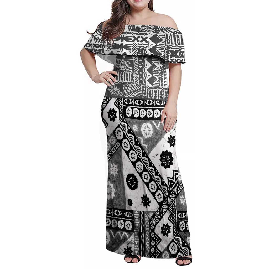 Black Bula Fiji Family Matching Off Shoulder Maxi Dress and Hawaiian Shirt Unique Masi Tapa Pattern LT14 Mom's Dress Black - Polynesian Pride