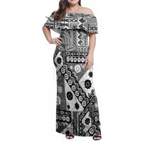Black Bula Fiji Family Matching Off Shoulder Maxi Dress and Hawaiian Shirt Unique Masi Tapa Pattern LT14 Mom's Dress Black - Polynesian Pride