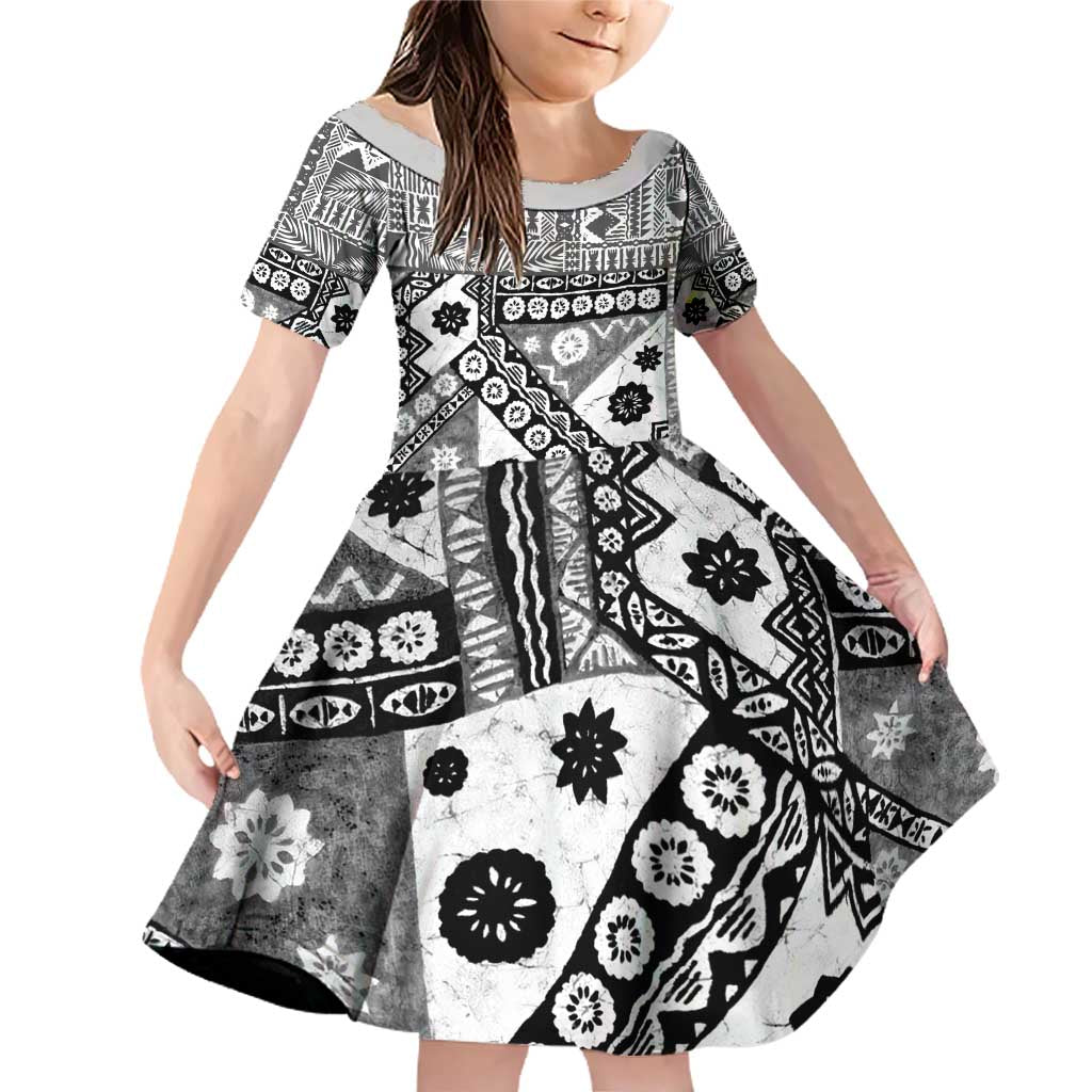 Black Bula Fiji Family Matching Off Shoulder Short Dress and Hawaiian Shirt Unique Masi Tapa Pattern LT14 Daughter's Dress Black - Polynesian Pride