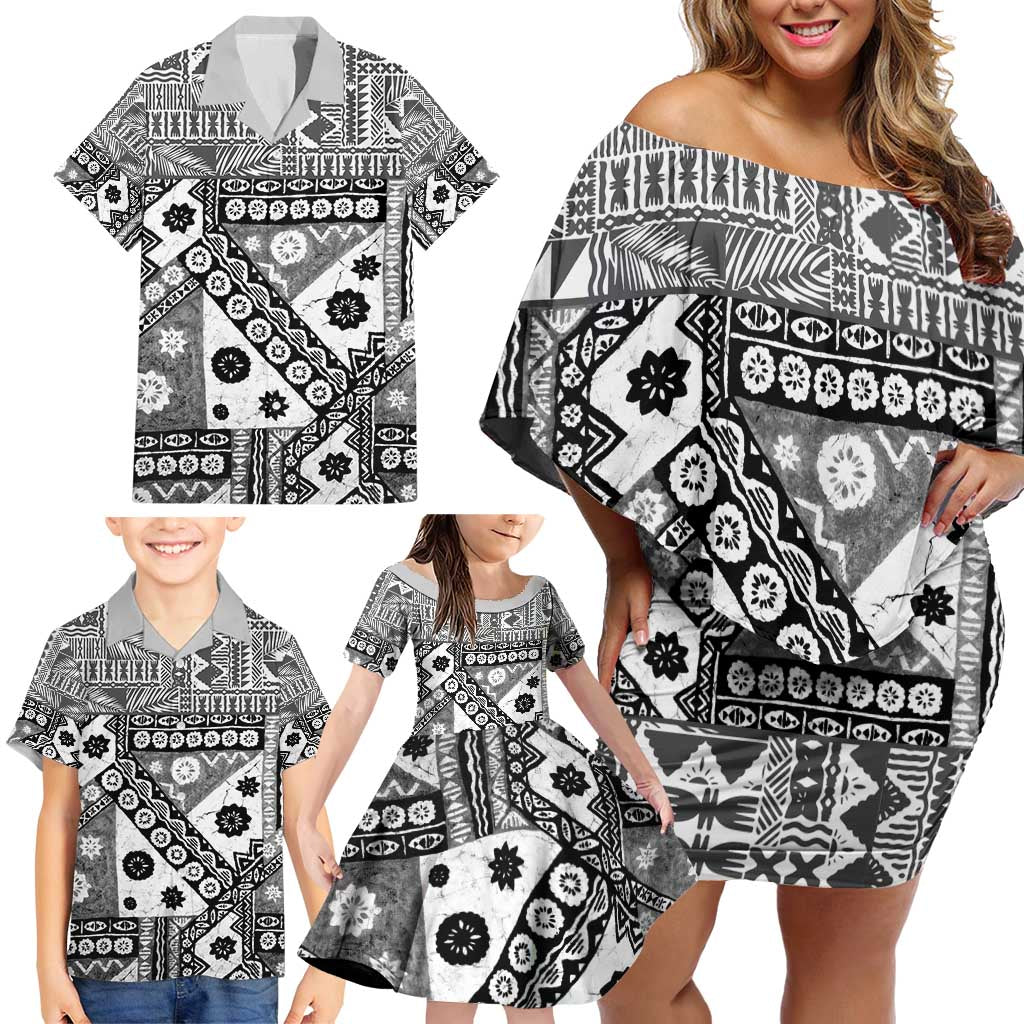 Black Bula Fiji Family Matching Off Shoulder Short Dress and Hawaiian Shirt Unique Masi Tapa Pattern LT14 - Polynesian Pride