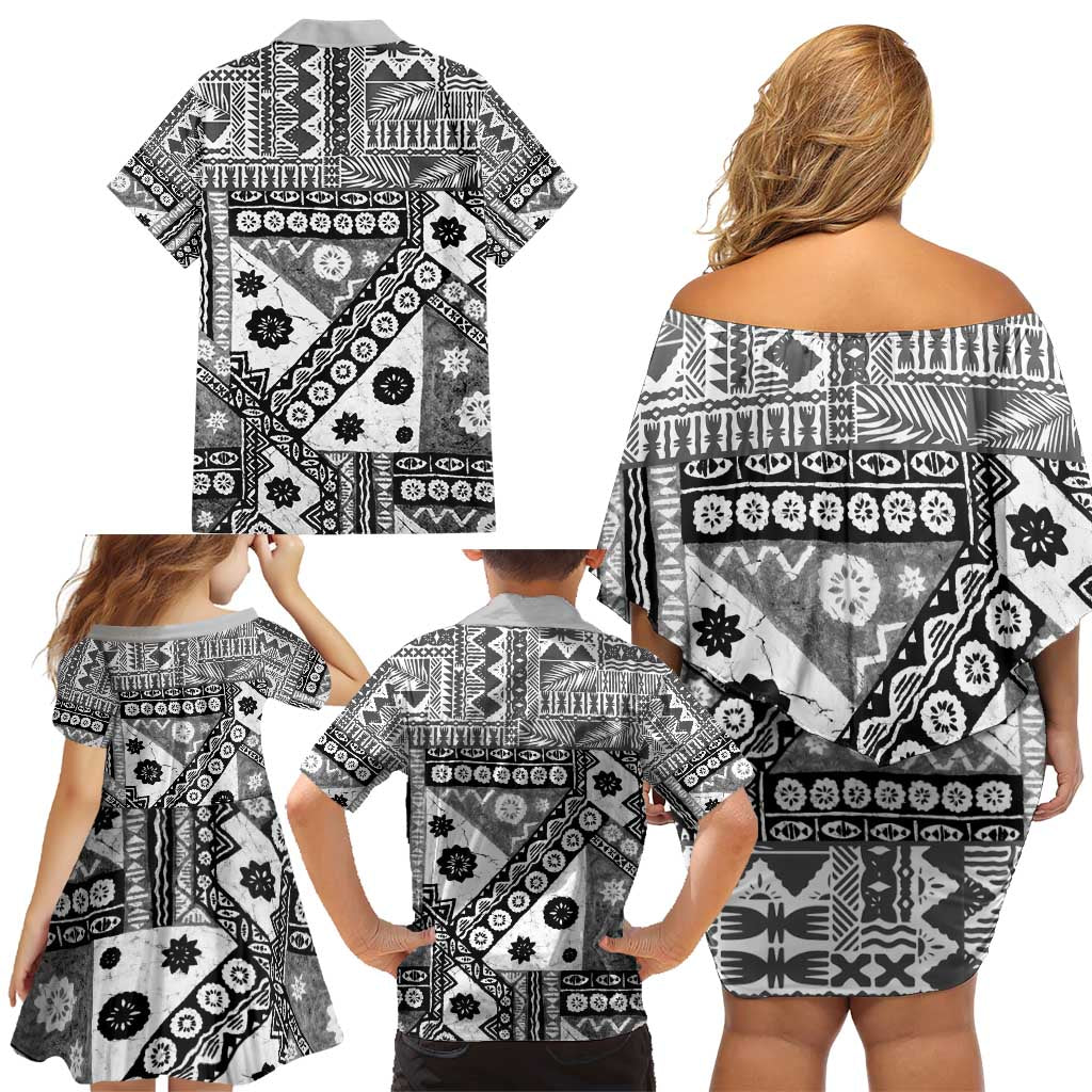 Black Bula Fiji Family Matching Off Shoulder Short Dress and Hawaiian Shirt Unique Masi Tapa Pattern LT14 - Polynesian Pride