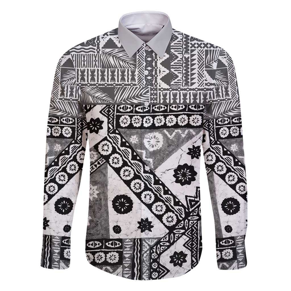 Black Bula Fiji Family Matching Off Shoulder Short Dress and Hawaiian Shirt Unique Masi Tapa Pattern LT14 Dad's Shirt - Long Sleeve Black - Polynesian Pride