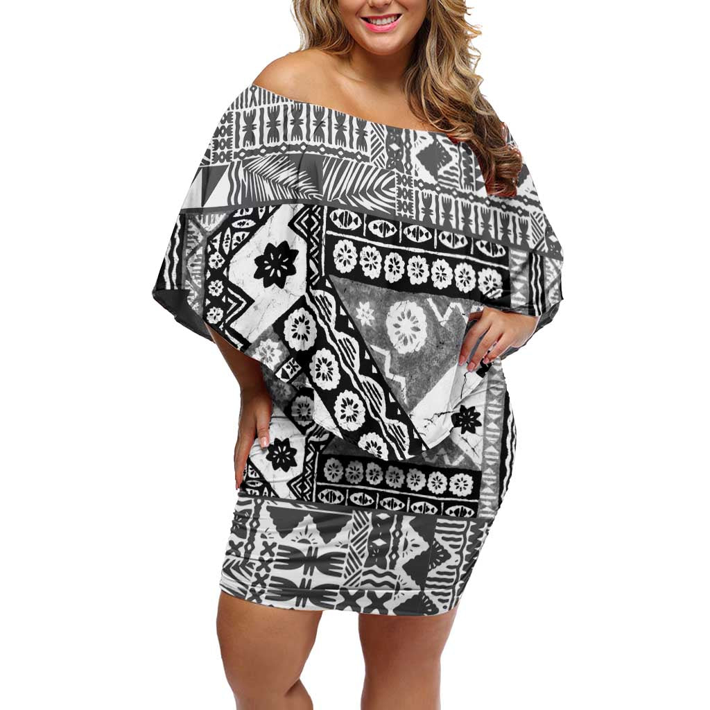 Black Bula Fiji Family Matching Off Shoulder Short Dress and Hawaiian Shirt Unique Masi Tapa Pattern LT14 Mom's Dress Black - Polynesian Pride