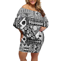 Black Bula Fiji Family Matching Off Shoulder Short Dress and Hawaiian Shirt Unique Masi Tapa Pattern LT14 Mom's Dress Black - Polynesian Pride