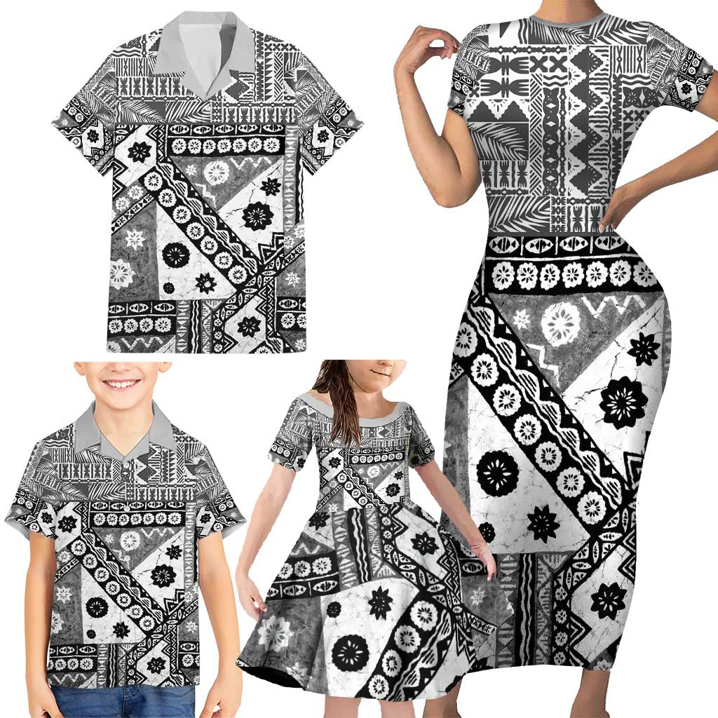 Black Bula Fiji Family Matching Short Sleeve Bodycon Dress and Hawaiian Shirt Unique Masi Tapa Pattern LT14 - Polynesian Pride