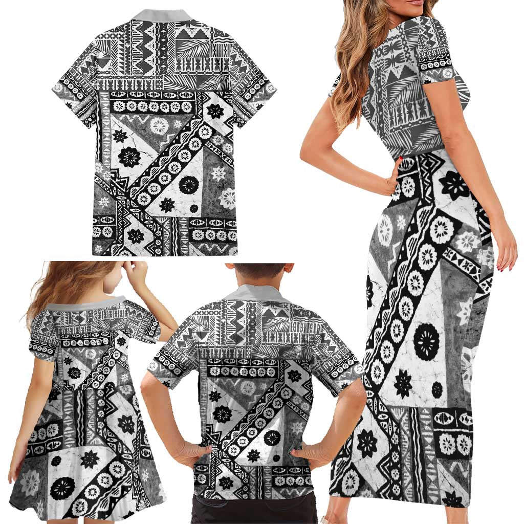 Black Bula Fiji Family Matching Short Sleeve Bodycon Dress and Hawaiian Shirt Unique Masi Tapa Pattern LT14 - Polynesian Pride