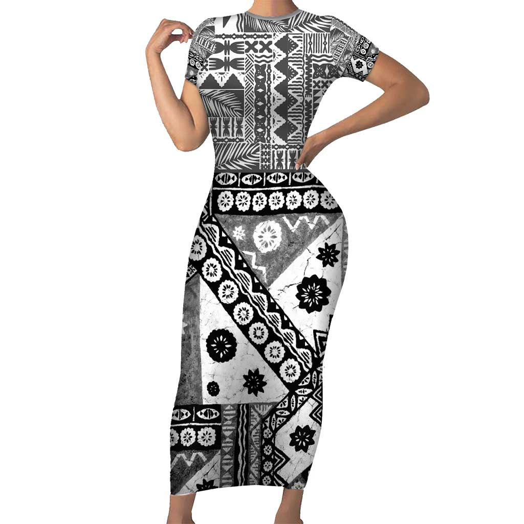 Black Bula Fiji Family Matching Short Sleeve Bodycon Dress and Hawaiian Shirt Unique Masi Tapa Pattern LT14 Mom's Dress Black - Polynesian Pride