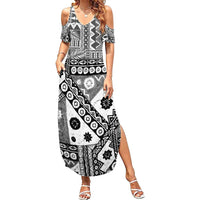 Black Bula Fiji Family Matching Summer Maxi Dress and Hawaiian Shirt Unique Masi Tapa Pattern LT14 Mom's Dress Black - Polynesian Pride