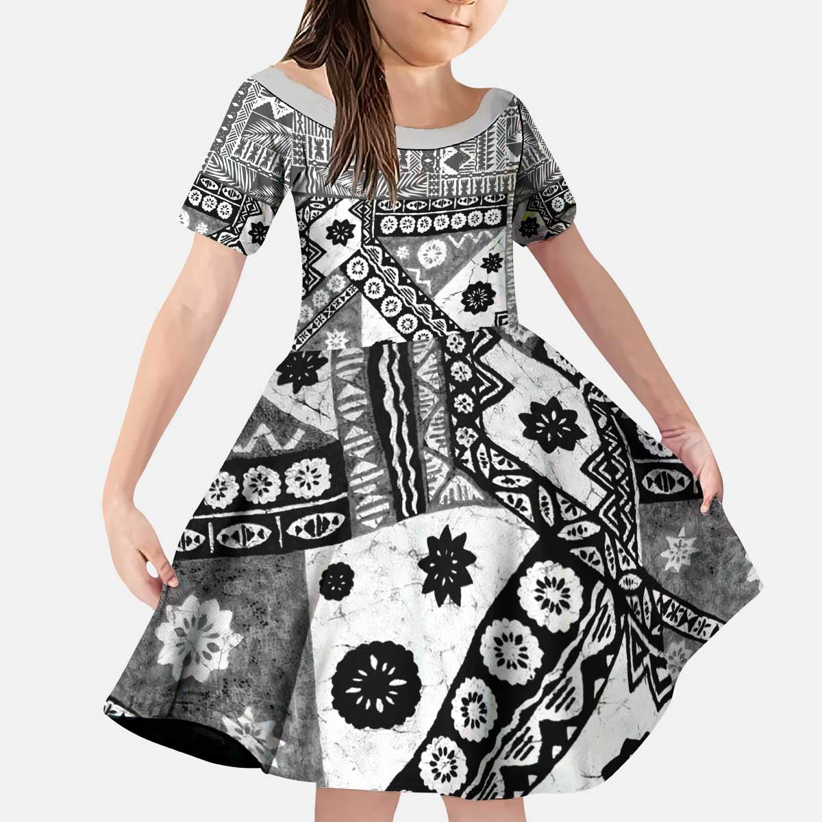 Black Bula Fiji Kid Short Sleeve Dress Unique Masi Tapa Pattern LT14 KID Black - Polynesian Pride