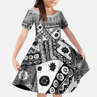 Black Bula Fiji Kid Short Sleeve Dress Unique Masi Tapa Pattern LT14 KID Black - Polynesian Pride