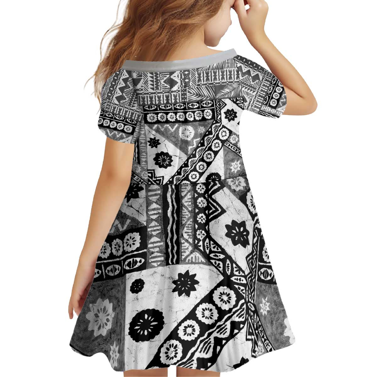 Black Bula Fiji Kid Short Sleeve Dress Unique Masi Tapa Pattern LT14 - Polynesian Pride