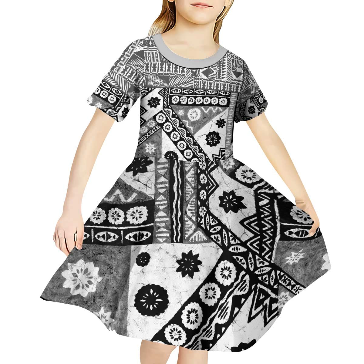 Black Bula Fiji Kid Short Sleeve Dress Unique Masi Tapa Pattern LT14 - Polynesian Pride