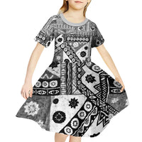 Black Bula Fiji Kid Short Sleeve Dress Unique Masi Tapa Pattern LT14 - Polynesian Pride