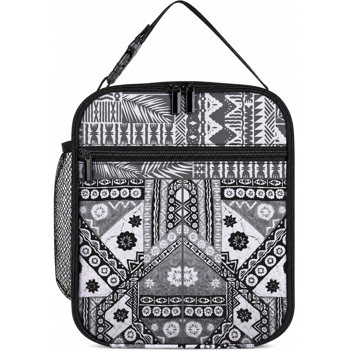 Black Bula Fiji Lunch Bag Unique Masi Tapa Pattern LT14 10.2 × 8.3 × 4.3 inch Black - Polynesian Pride