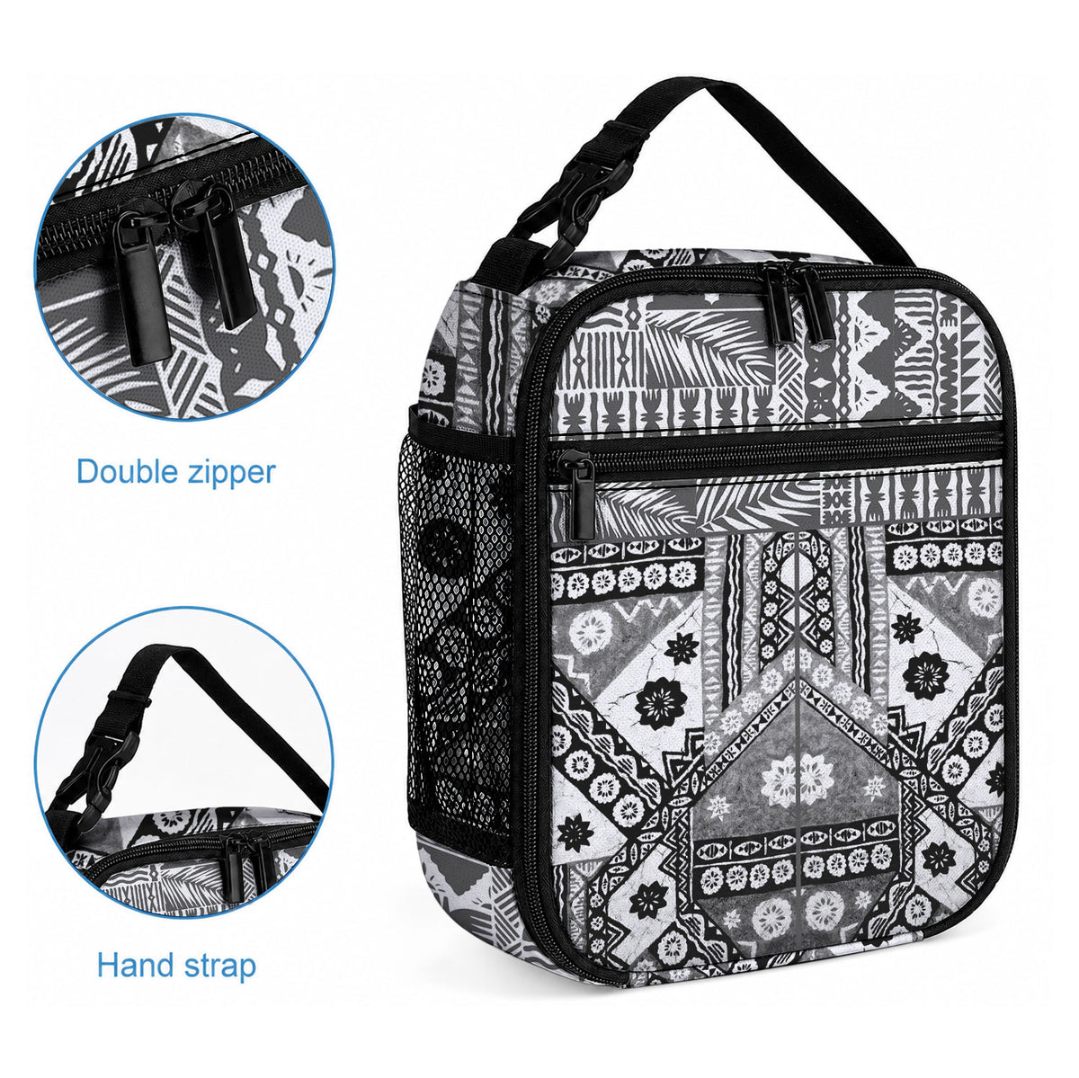 Black Bula Fiji Lunch Bag Unique Masi Tapa Pattern LT14 - Polynesian Pride