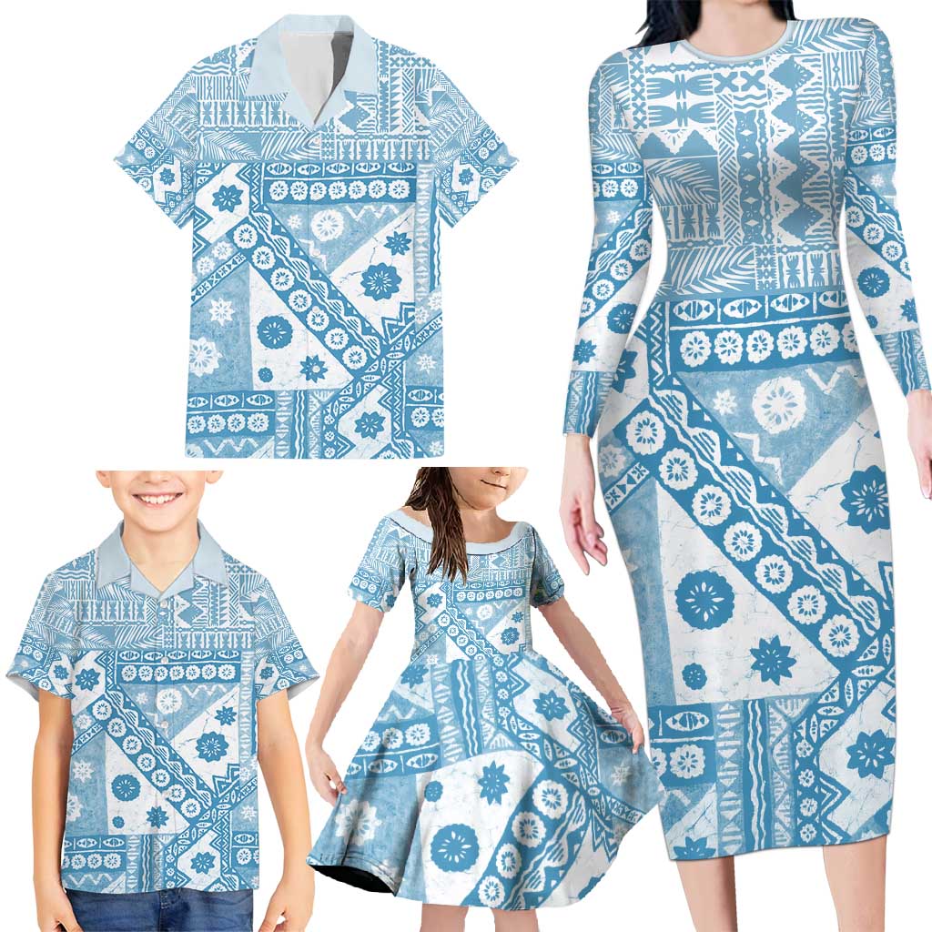 Blue Bula Fiji Family Matching Long Sleeve Bodycon Dress and Hawaiian Shirt Unique Masi Tapa Pattern LT14 - Polynesian Pride