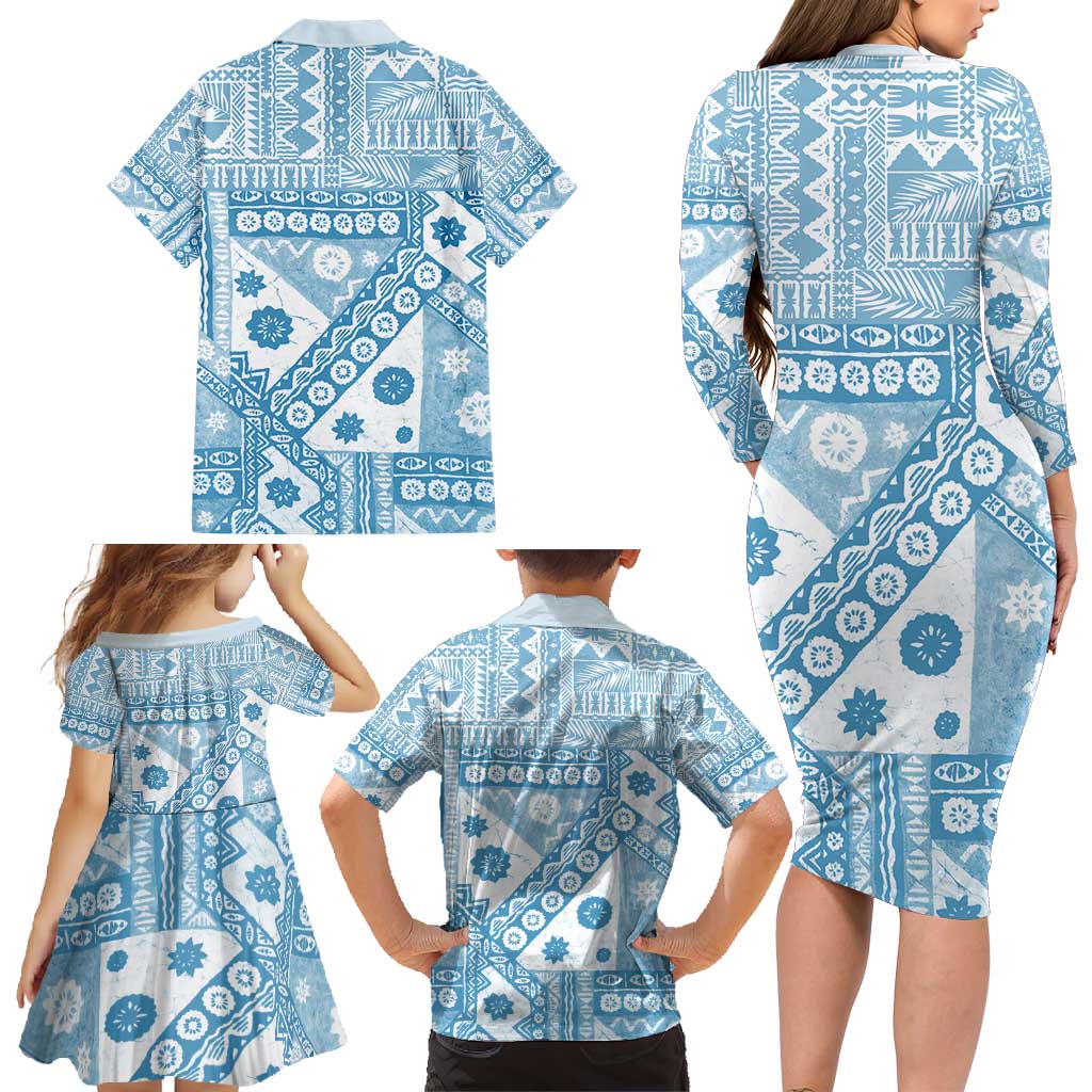 Blue Bula Fiji Family Matching Long Sleeve Bodycon Dress and Hawaiian Shirt Unique Masi Tapa Pattern LT14 - Polynesian Pride