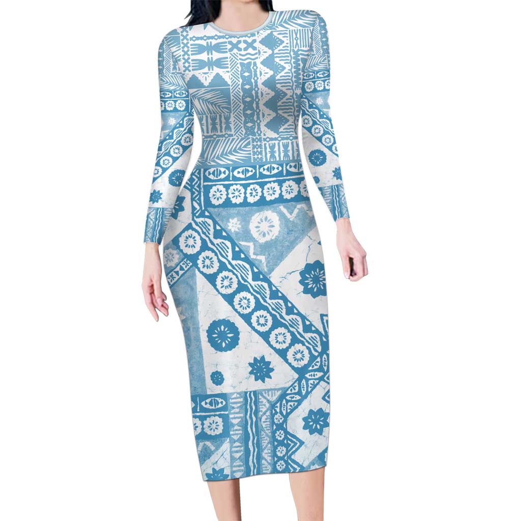 Blue Bula Fiji Family Matching Long Sleeve Bodycon Dress and Hawaiian Shirt Unique Masi Tapa Pattern LT14 Mom's Dress Blue - Polynesian Pride