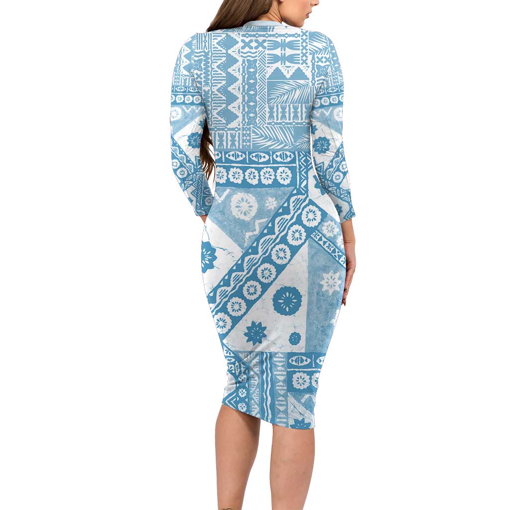 Blue Bula Fiji Family Matching Long Sleeve Bodycon Dress and Hawaiian Shirt Unique Masi Tapa Pattern LT14 - Polynesian Pride
