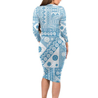 Blue Bula Fiji Family Matching Long Sleeve Bodycon Dress and Hawaiian Shirt Unique Masi Tapa Pattern LT14 - Polynesian Pride