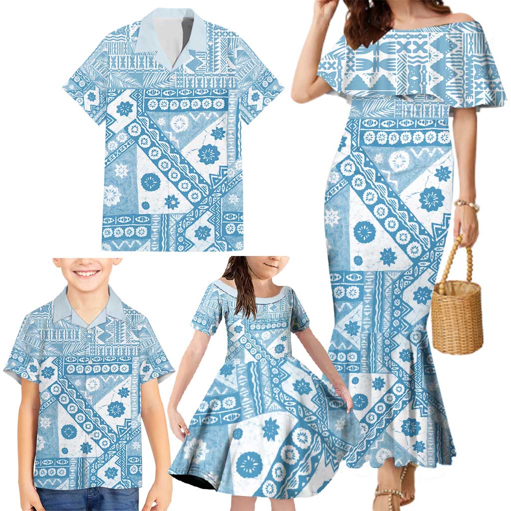 Blue Bula Fiji Family Matching Mermaid Dress and Hawaiian Shirt Unique Masi Tapa Pattern LT14 - Polynesian Pride