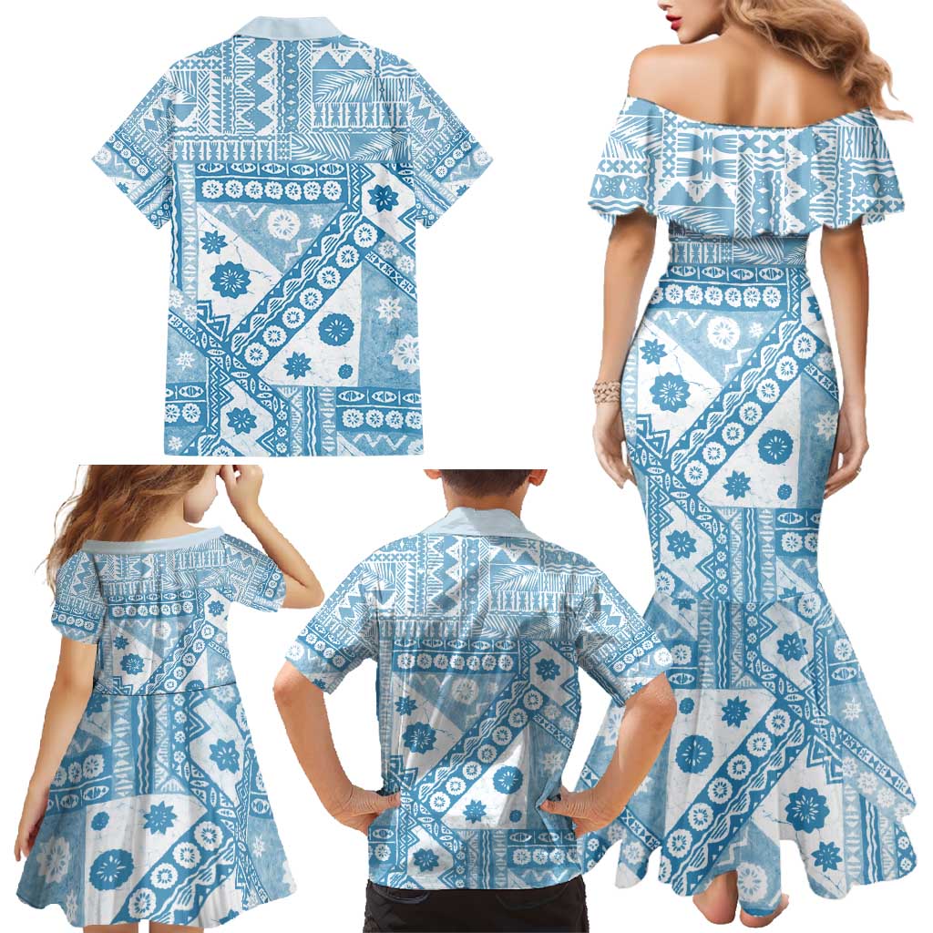 Blue Bula Fiji Family Matching Mermaid Dress and Hawaiian Shirt Unique Masi Tapa Pattern LT14 - Polynesian Pride