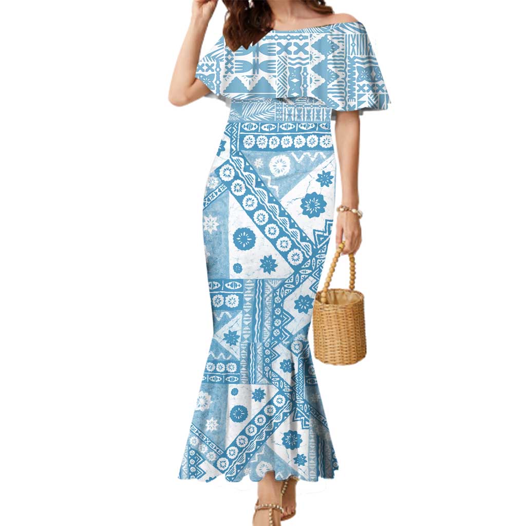 Blue Bula Fiji Family Matching Mermaid Dress and Hawaiian Shirt Unique Masi Tapa Pattern LT14 Mom's Dress Blue - Polynesian Pride